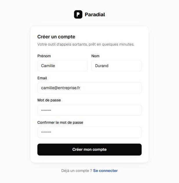 L’écran de création de compte dans l’application Paradial